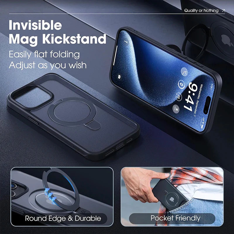 Black phone case with magnetic kickstand.