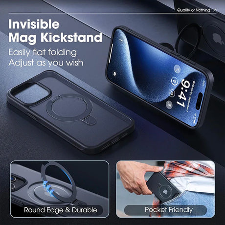 Black phone case with magnetic kickstand.
