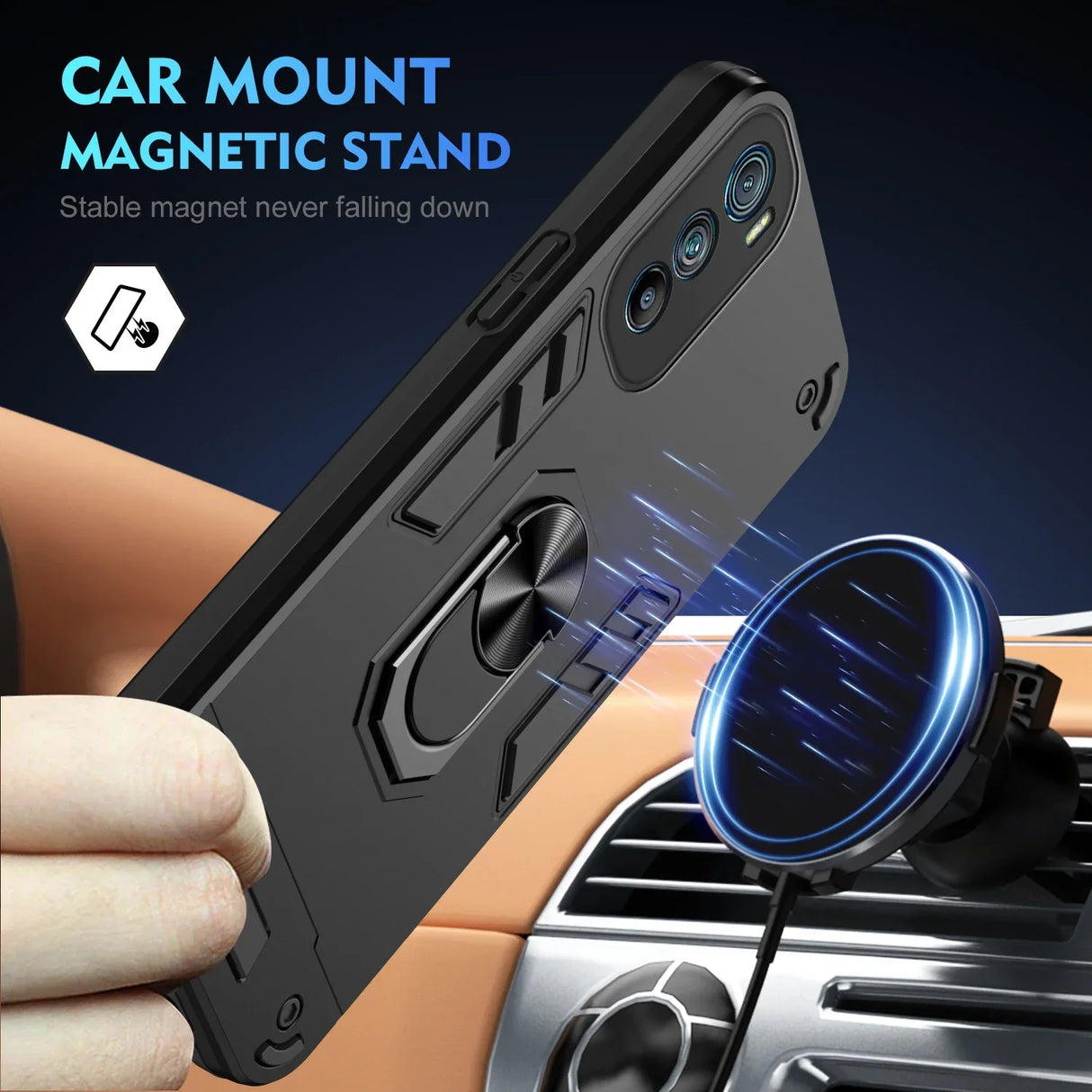 Black phone case with a magnetic ring stand for car mount.