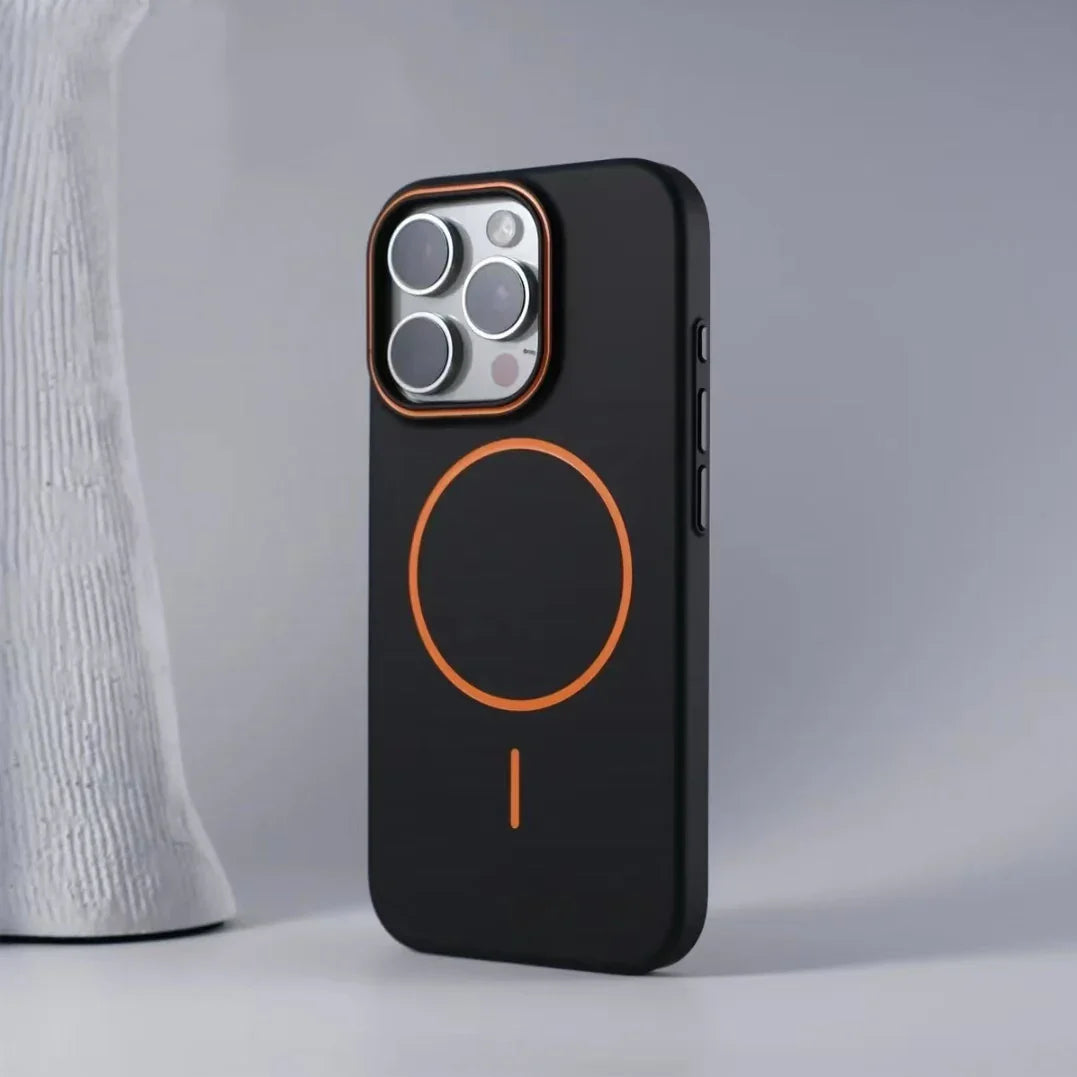 Black phone case with orange accents.