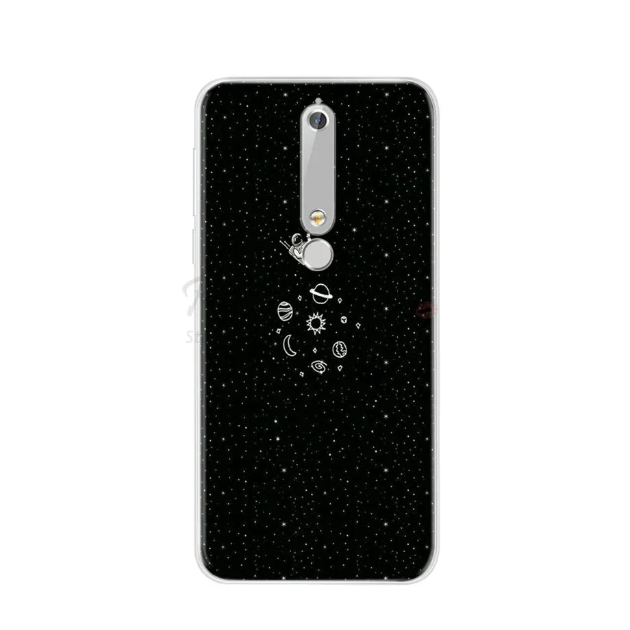 Black phone case with space-themed design.