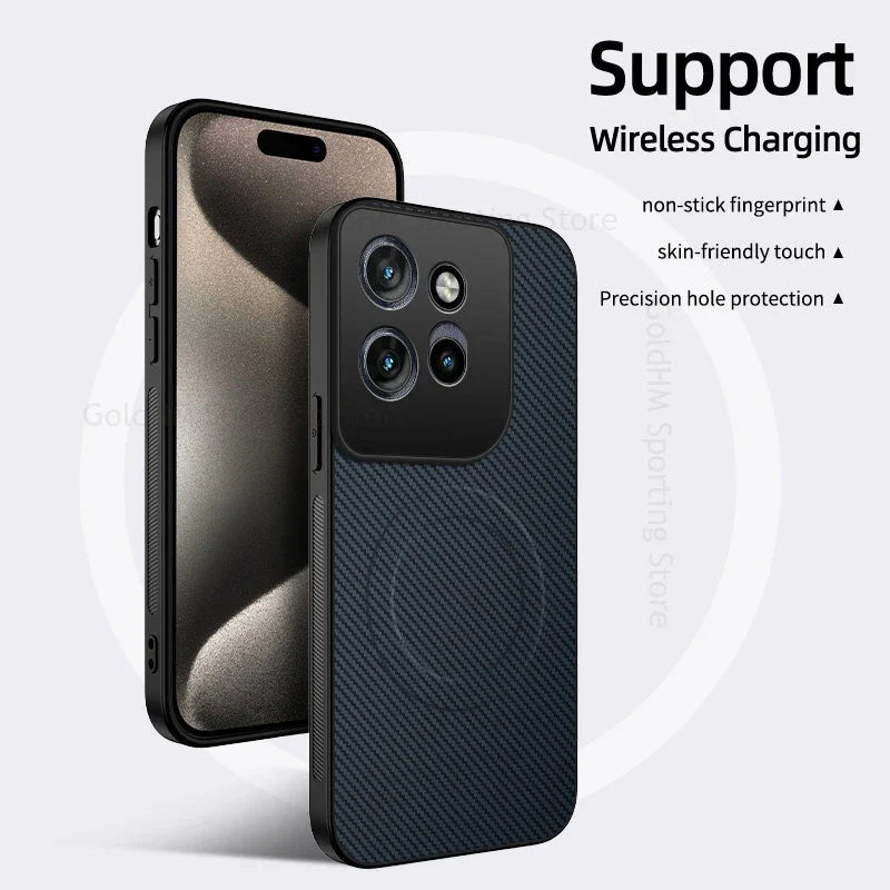 Black carbon fiber magnetic phone case with textured pattern and camera cutouts for motorola pro ultra g67 backsides