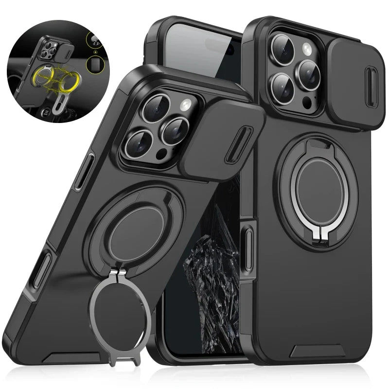 Black phone cases with camera covers and ring stands.
