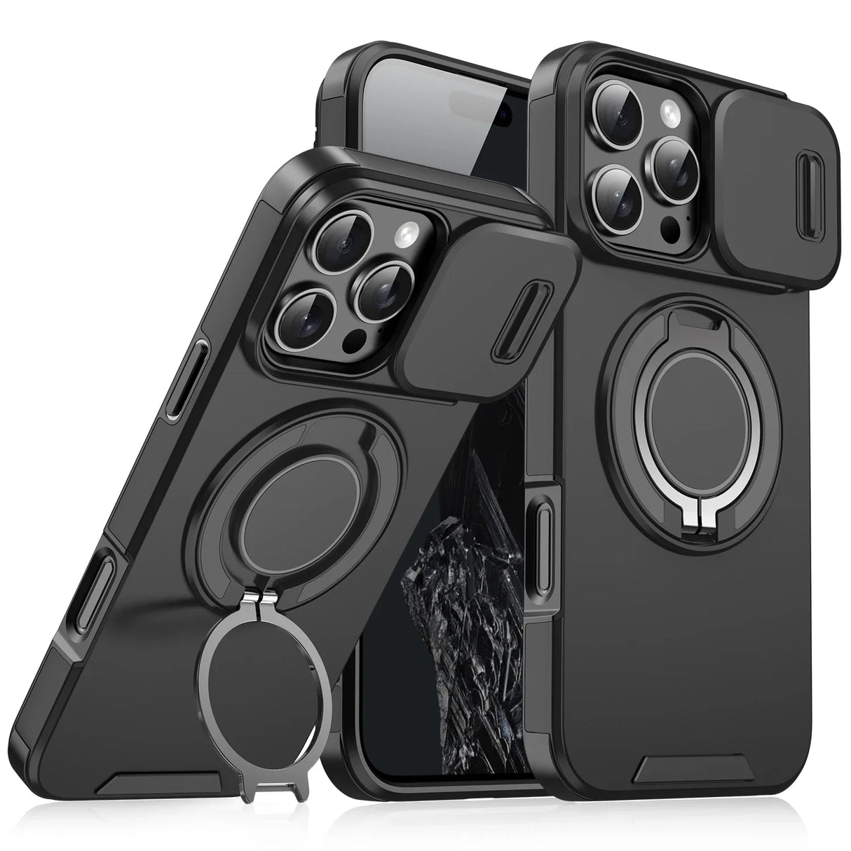 Black phone cases with camera covers and ring stands.