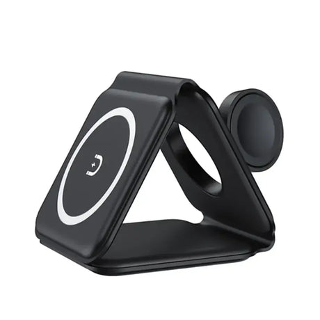 a black phone holder with a circular design on it