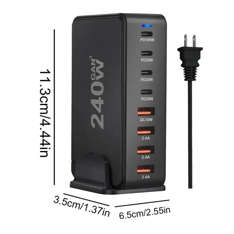 A black power adapt with a power cord attached to it