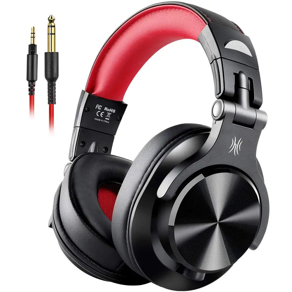 Black and red over-ear headphones with audio cables.