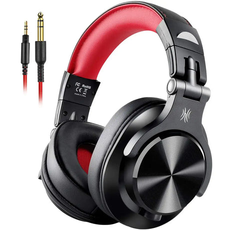 Black and red over-ear headphones with audio cables.