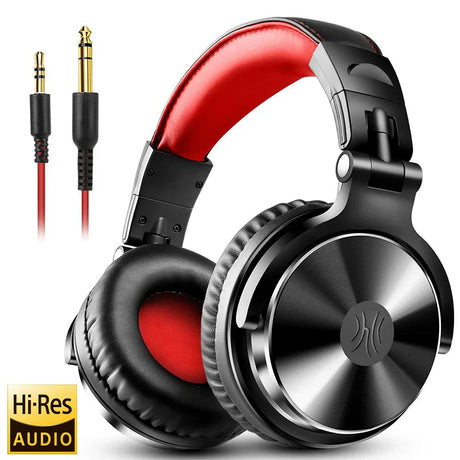 Black and red over-ear headphones with audio cables.