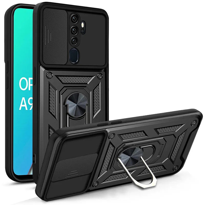 Black rugged shockproof armor case with integrated camera slider and magnetic ring stand for oppo back side
