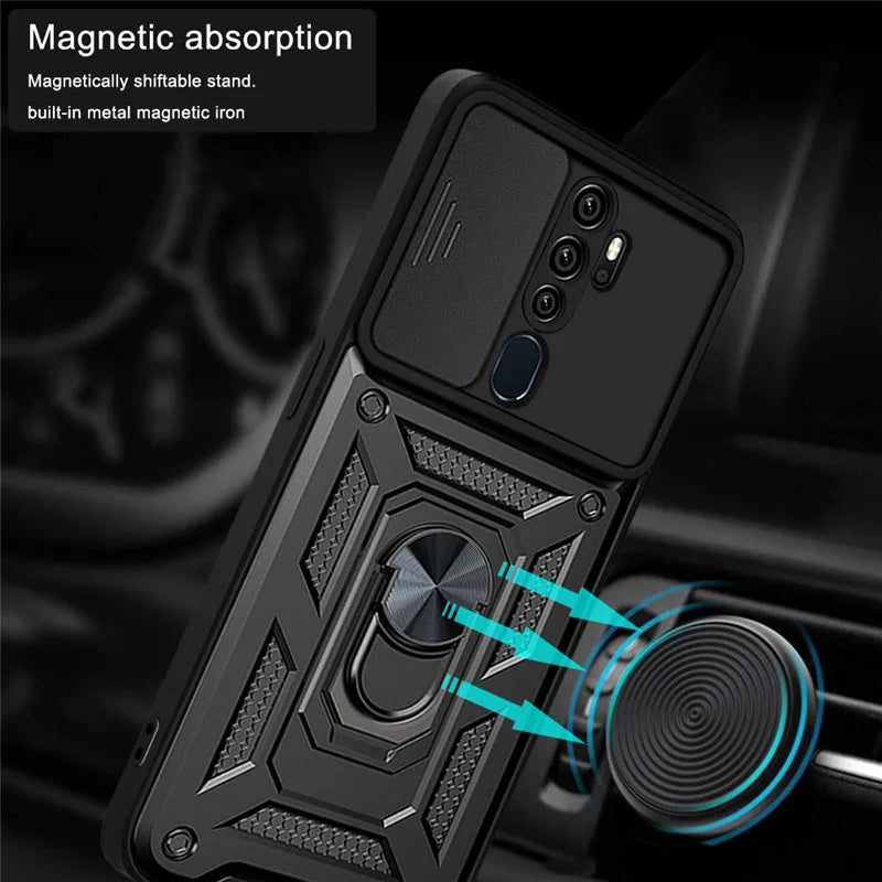 Black rugged shockproof armor case with textured design and magnetic ring stand for oppo phones back side view