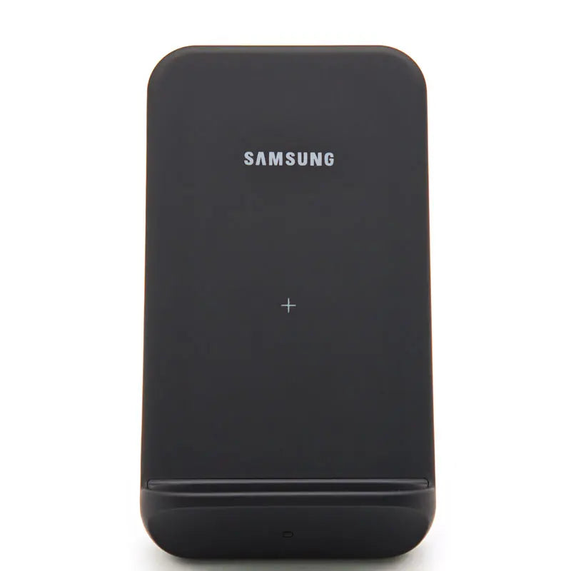Black samsung 15w wireless charger stand with minimalist design and subtle white logo for fast wireless charging