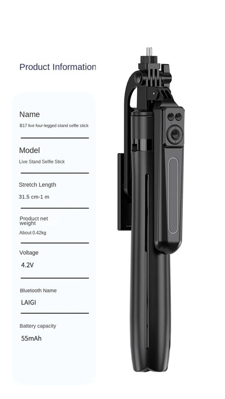 Black selfie stick with product information.