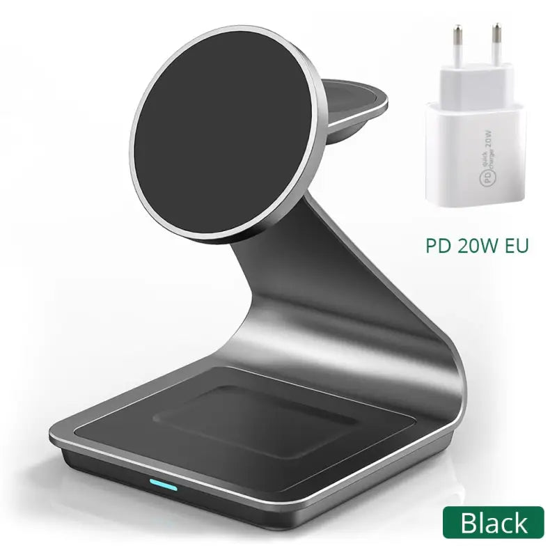 a black and silver charging station with a charger