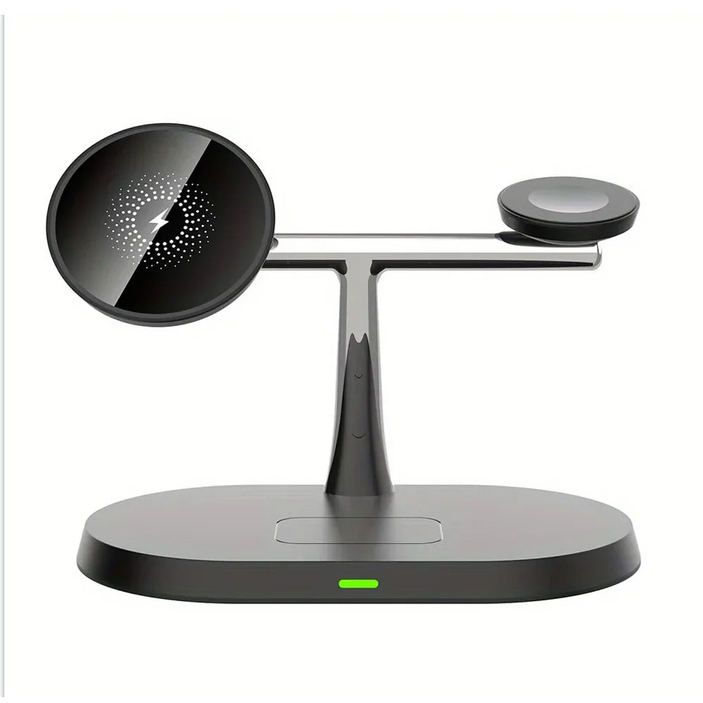 Black and silver multi-device charging stand.
