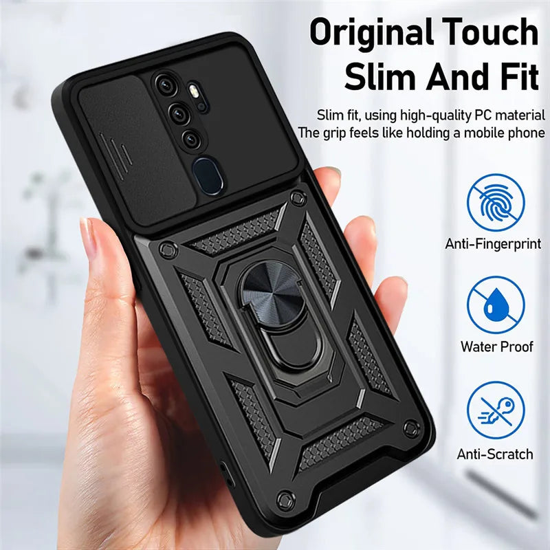 Black slim shockproof armor case with magnetic ring stand and textured grip made of high-quality pc material backside view