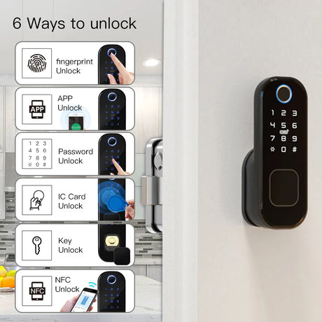 Black smart door lock with multiple unlocking methods.