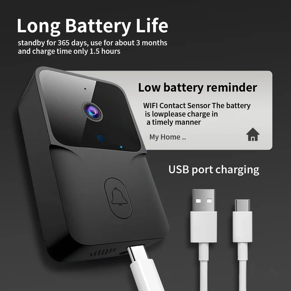 Black smart doorbell with long battery life.