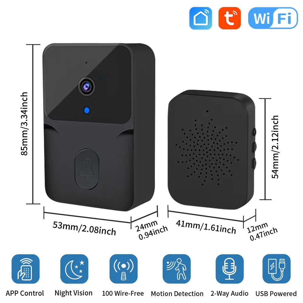 Black smart doorbell with receiver and dimensions.