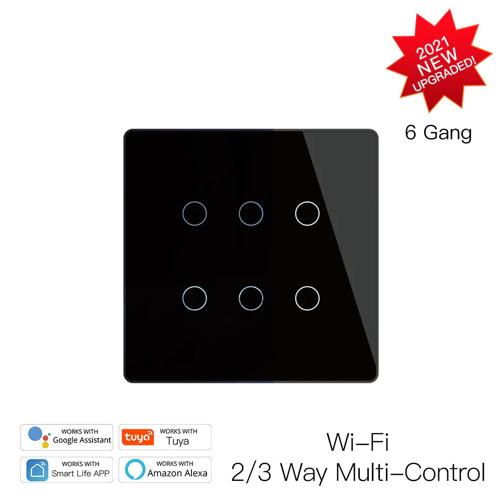 Black smart light switch with six buttons.