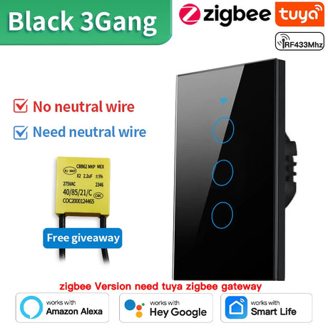 Black smart light switch with Zigbee and Tuya compatibility.