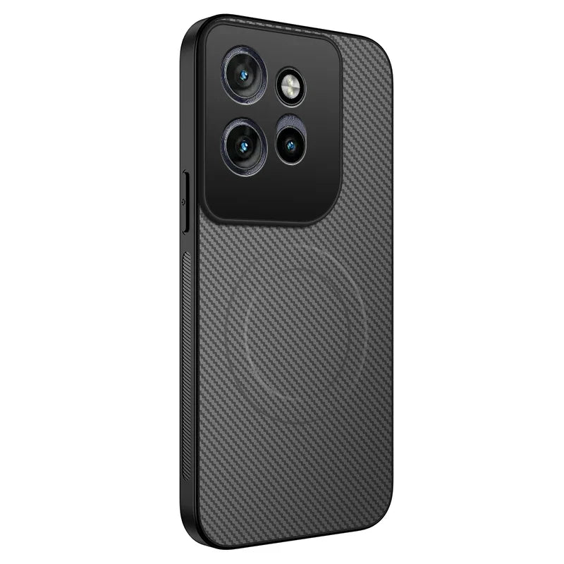 A black smartphone case with a carbon fiber texture and a prominent camera module cutout.