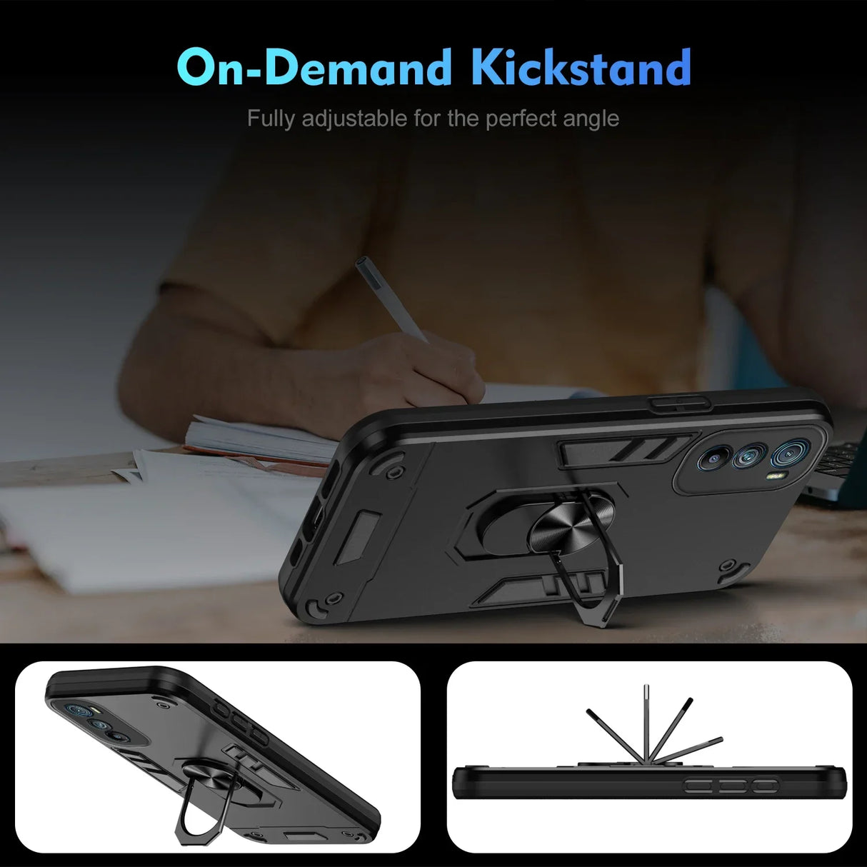 A black smartphone case with an integrated, adjustable kickstand.