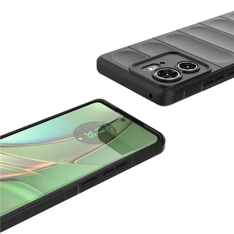 Black smartphone case with a ribbed back design and protective edges.
