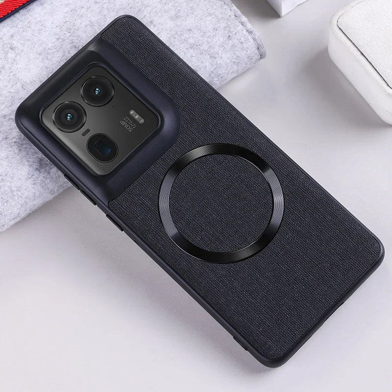 Black smartphone case with a textured back and a circular magnetic ring.