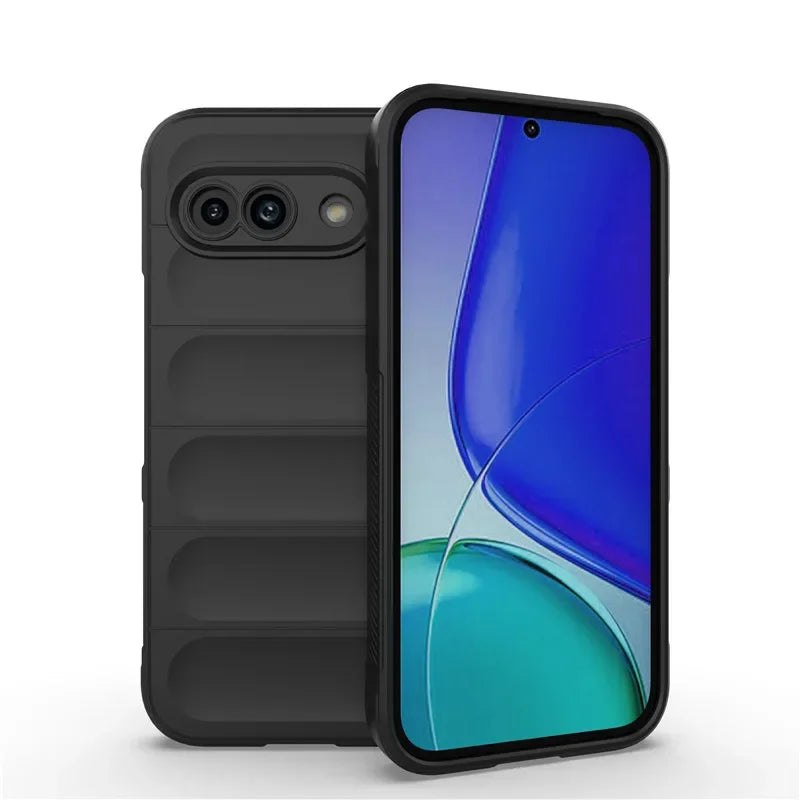 Black smartphone in a protective case with a vibrant blue and teal display.