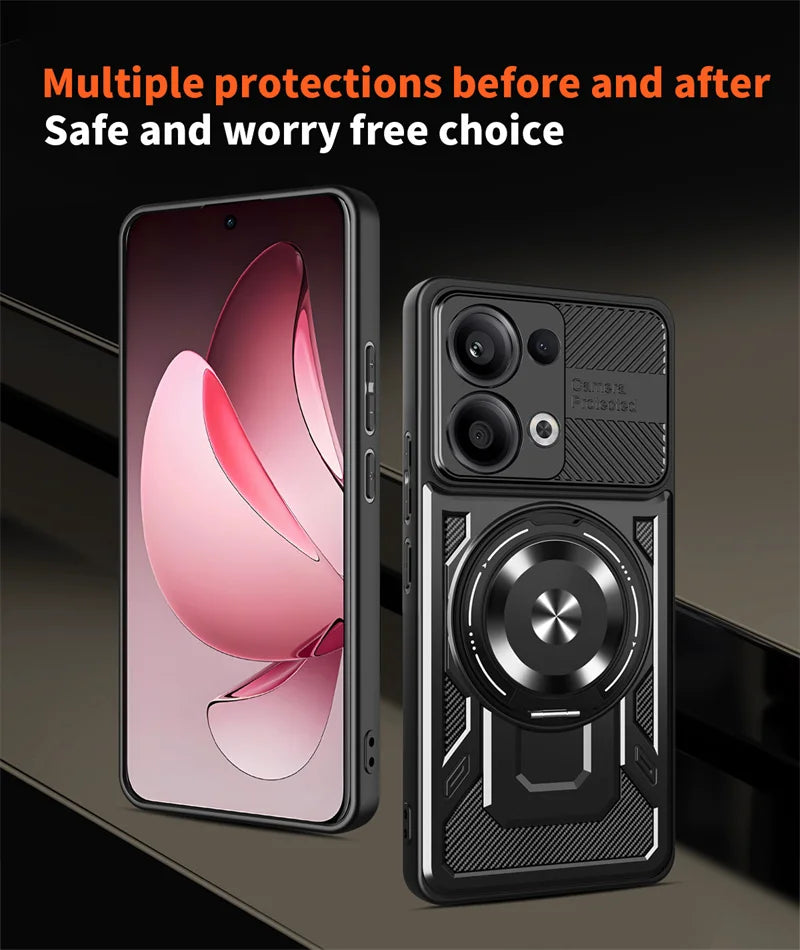 Black smartphone with a protective case featuring a sliding camera cover and a built-in magnetic ring holder.