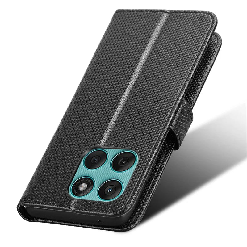 Black textured phone wallet case with a quad-camera cutout and magnetic closure.