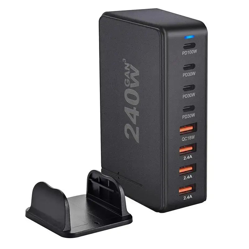 A black usb charger with a charging station