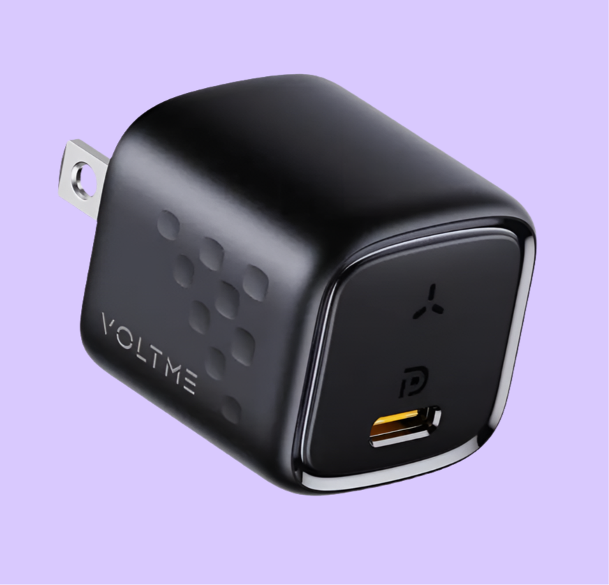 Black USB wall charger with the brand name ’Voltme’ visible.