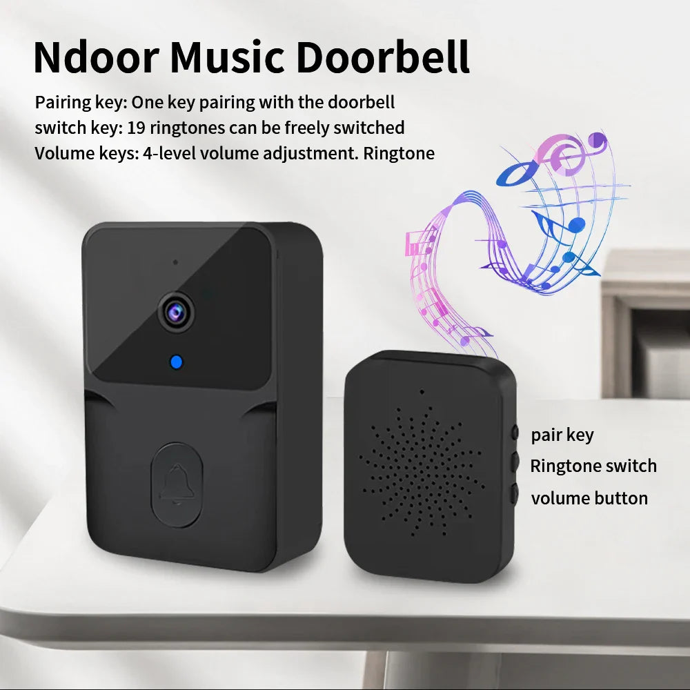 Black video doorbell with receiver.