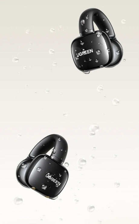 Black waterproof wireless earbuds.