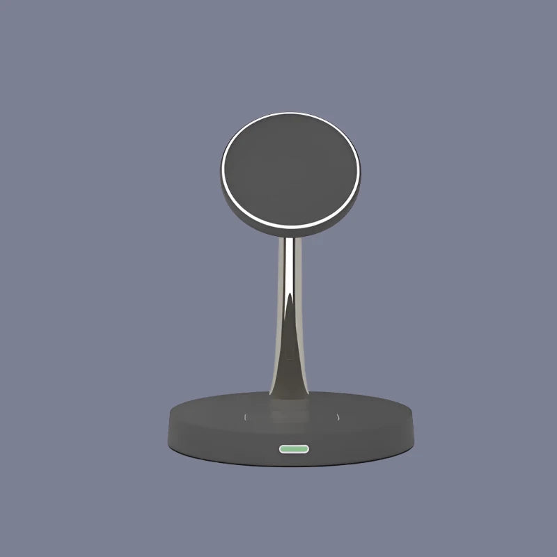 a black and white phone stand with a circular base