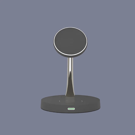 a black and white phone stand with a circular base