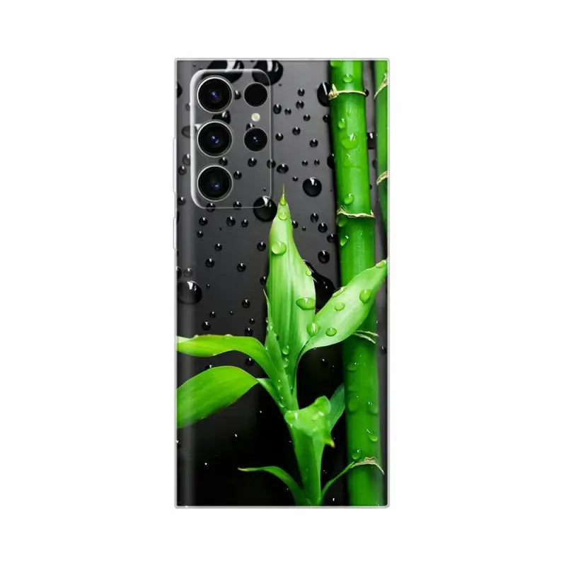 a black and white photo of a bamboo plant with water droplets