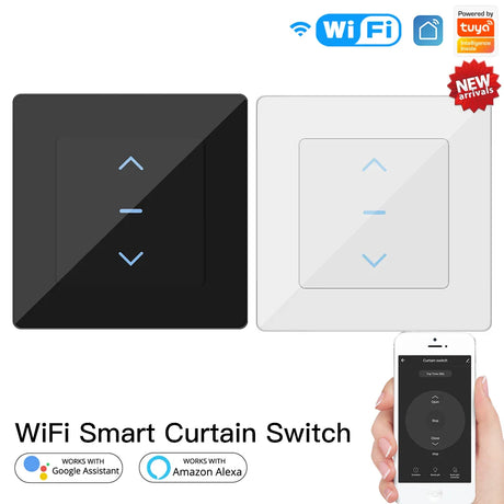 Black and white smart curtain switches.