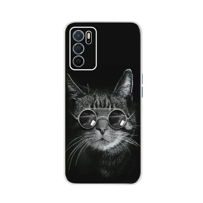 a black and white cat wearing glasses on a black background