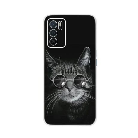 a black and white cat wearing glasses on a black background