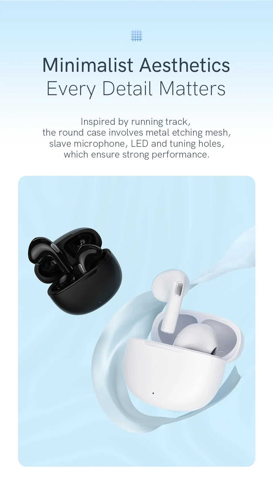 Black and white wireless earbuds with charging cases.