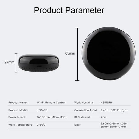 Black Wi-Fi remote control with dimensions.