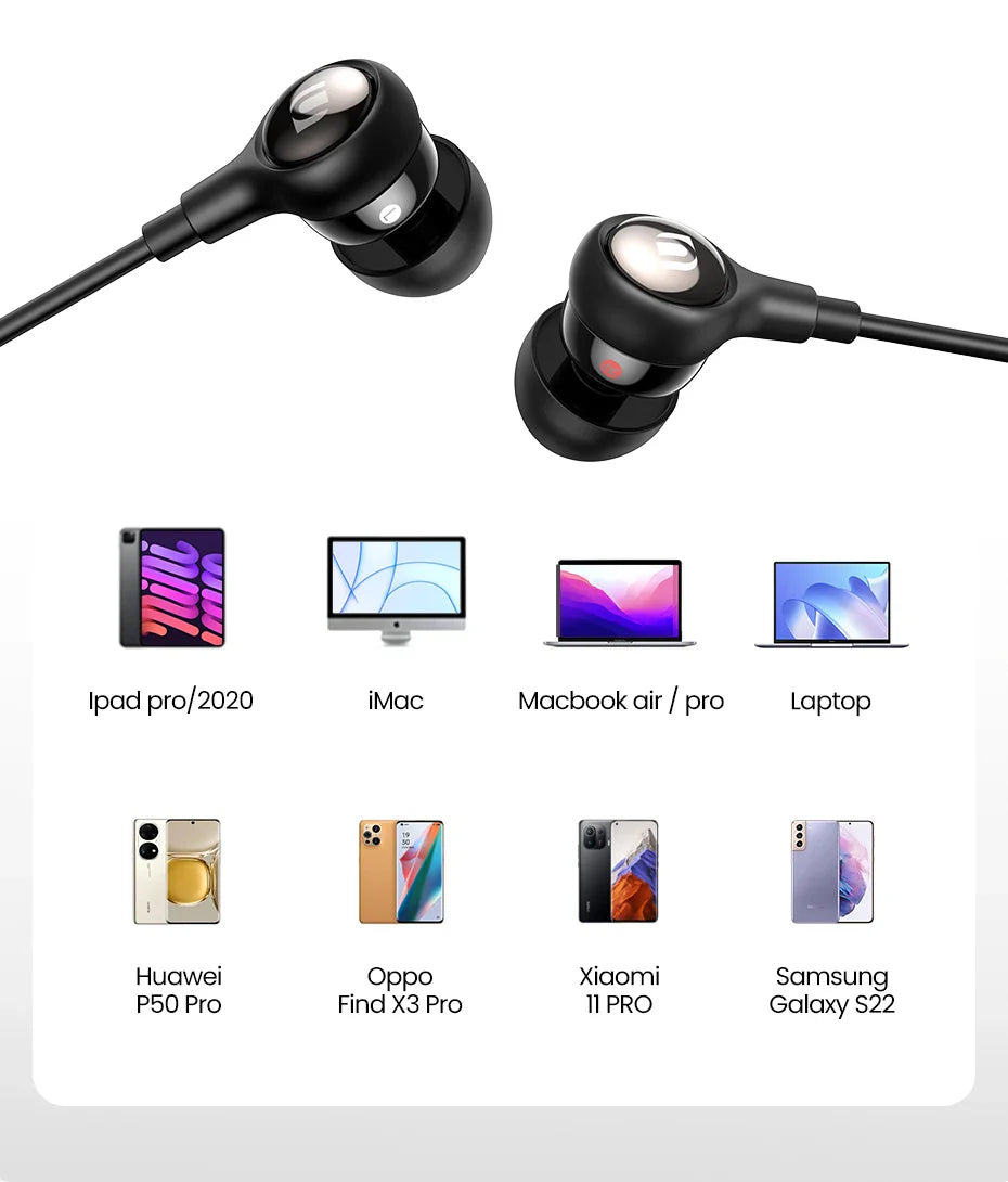 Black wired earbuds with device compatibility icons.