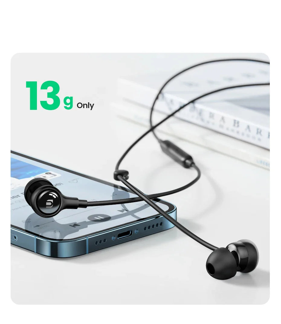Black wired earbuds with inline controls.