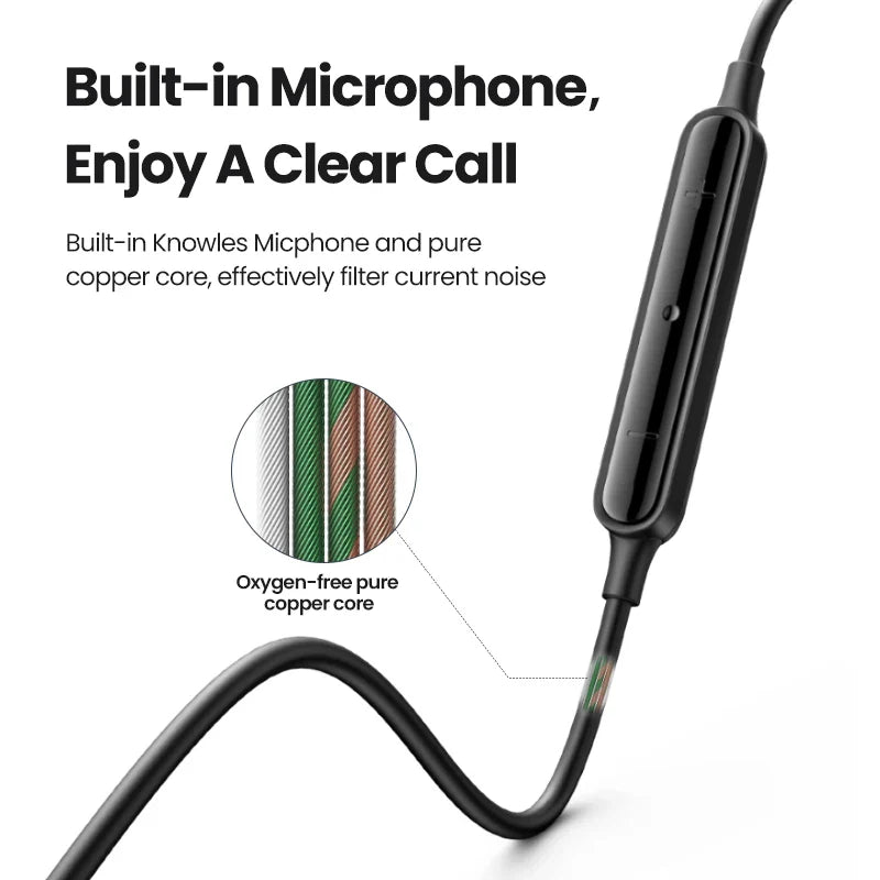 Black wired earphones with built-in microphone.
