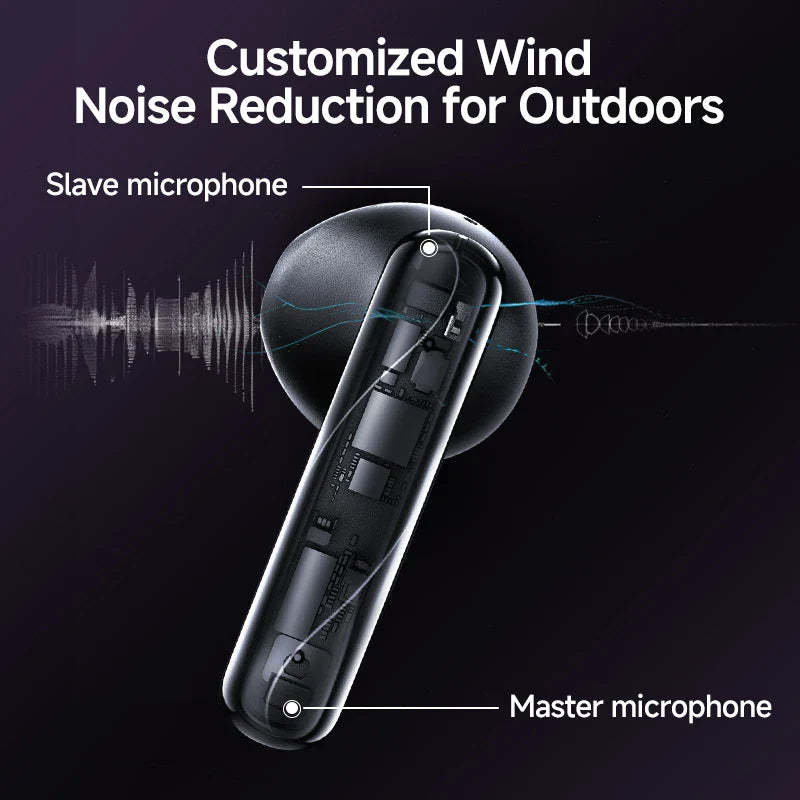 Black wireless earbud with visible internal components.