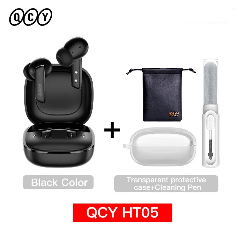 Black wireless earbuds with accessories.