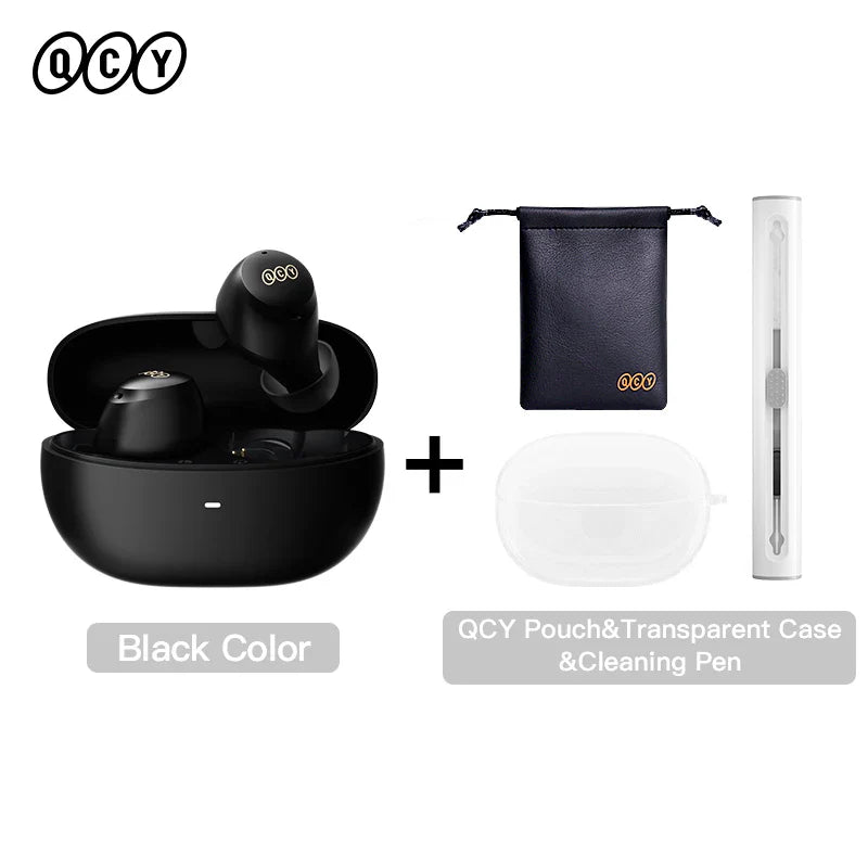 Black wireless earbuds with accessories.